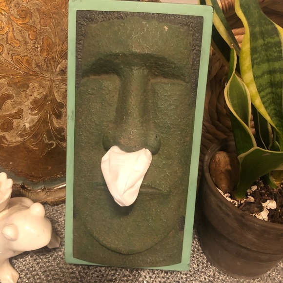 Art Primitive Stone Face Tissue Box Holder Tiki Island Face Novelty